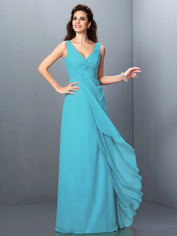 Straps Sleeveless A-Line/Princess Long Pleats Chiffon Bridesmaid Dresses