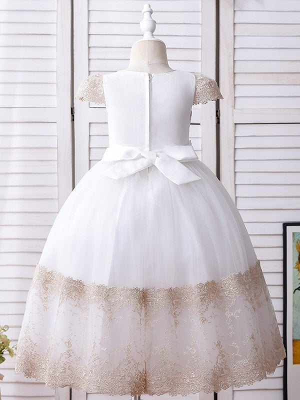 Short Gown Lace Ball Scoop Ankle-Length Flower Sleeves Hand-Made Flower Girl Dresses