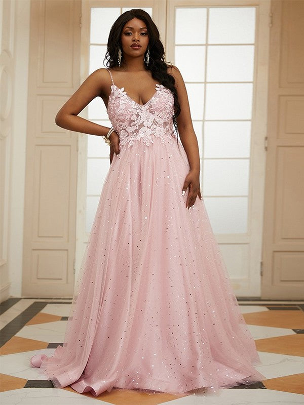 Tulle V-neck Sleeveless Applique A-Line/Princess Sweep/Brush Train Dresses