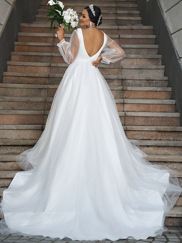 Tulle V-neck Long Ruffles Sleeves A-Line/Princess Court Train Wedding Dresses