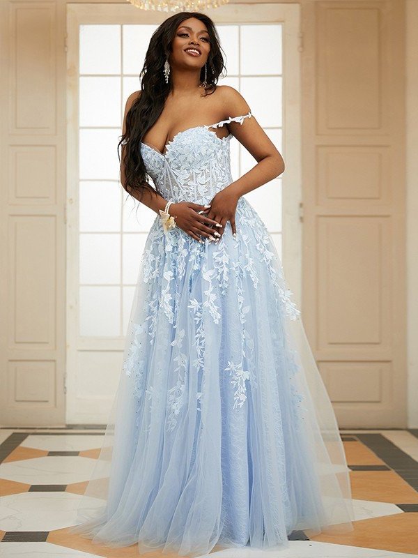 Sleeveless Off-the-Shoulder Tulle A-Line/Princess Applique Sweep/Brush Train Dresses