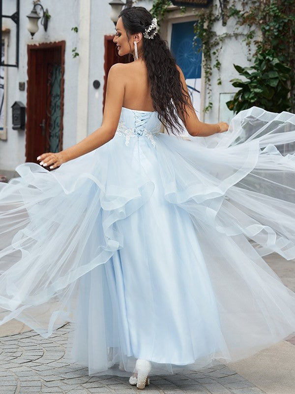 A-Line/Princess Sweetheart Applique Tulle Sleeveless Floor-Length Dresses