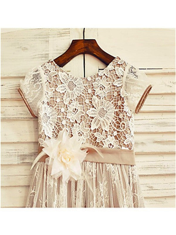 Lace Short Scoop Flower Hand-made A-line/Princess Sleeves Tea-Length Flower Girl Dresses