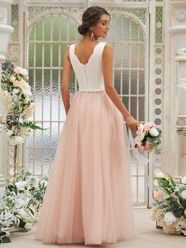 V-neck Tulle Lace Sleeveless A-Line/Princess Floor-Length Bridesmaid Dresses