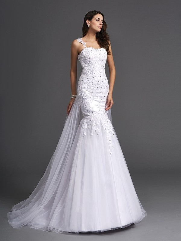 Straps Beading Long Trumpet/Mermaid Sleeveless Net Wedding Dresses