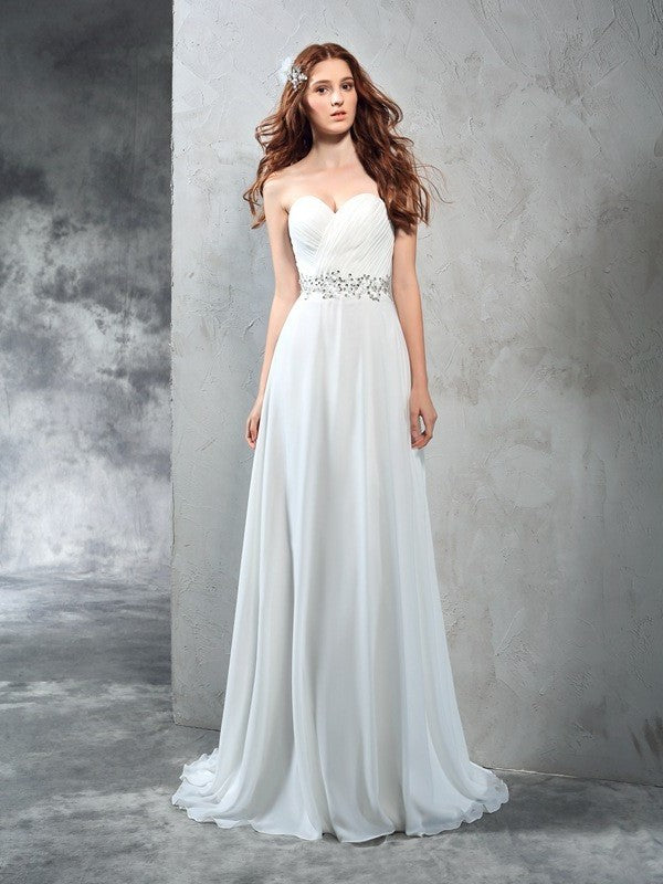 Sweetheart Long Pleats Sleeveless A-Line/Princess Chiffon Wedding Dresses