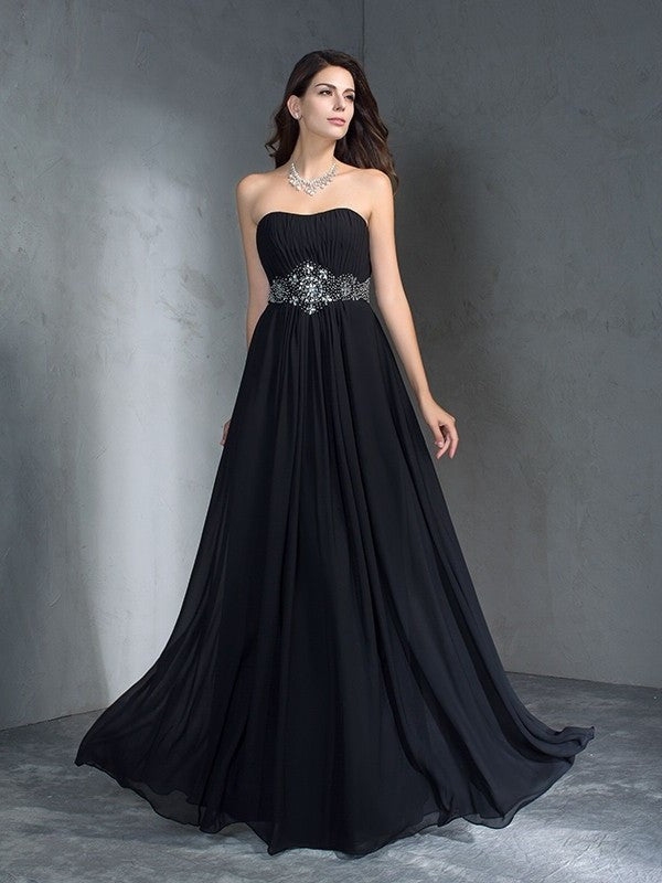 Strapless A-Line/Princess Beading Sleeveless Long Chiffon Dresses