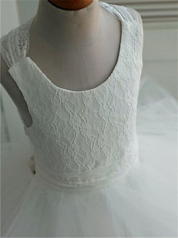 Gown Ball Ankle-Length Tulle Lace Sleeveless Scoop Flower Girl Dresses