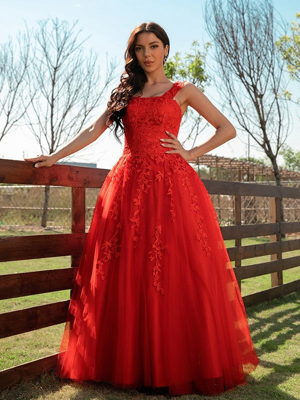 Tulle Applique A-Line/Princess Off-the-Shoulder Sleeveless Floor-Length Dresses