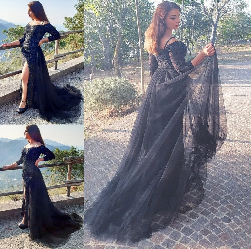 Off-the-Shoulder Sweep/Brush Long Sleeves Train Trumpet/Mermaid Tulle Lace Dresses