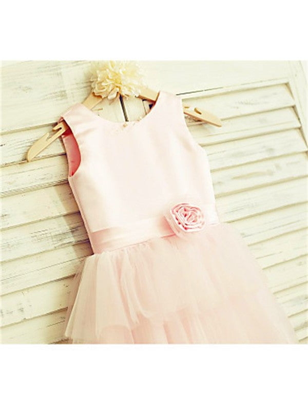 Tulle Hand-made Tea-Length A-line/Princess Sleeveless Flower Scoop Flower Girl Dresses