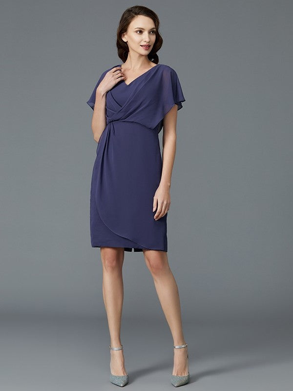 Chiffon V-neck Sleeves Short of Mother Knee-Length Sheath/Column the Bride Dresses