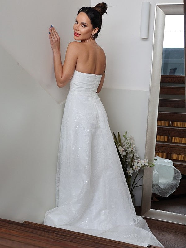 Sweetheart Sleeveless A-Line/Princess Ruched Sweep/Brush Train Wedding Dresses