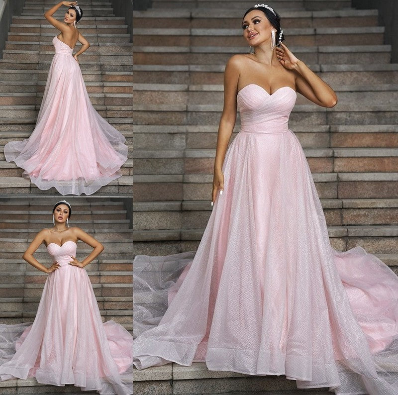 Sweep/Brush Ruffles Sleeveless Satin A-Line/Princess Sweetheart Train Wedding Dresses