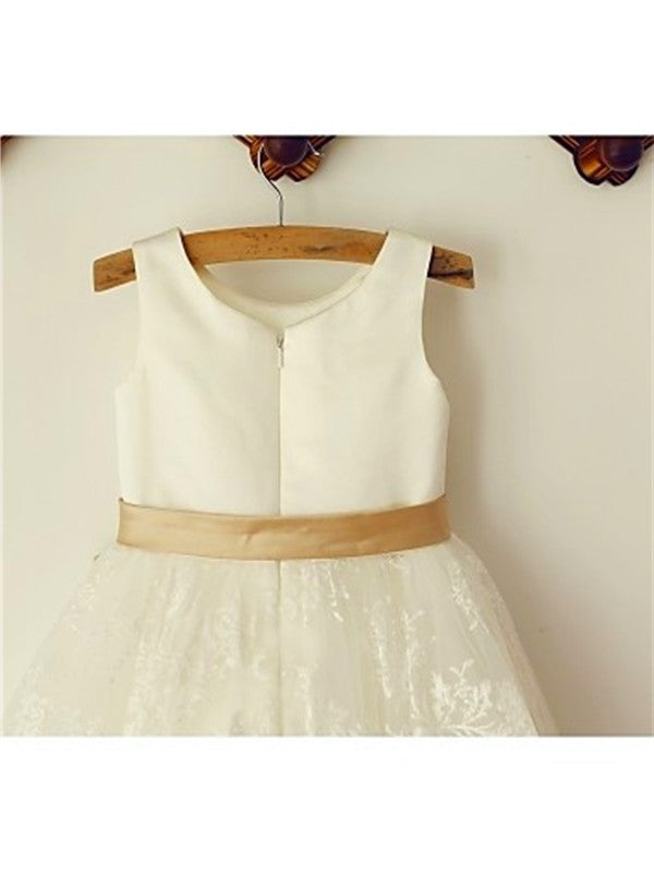 Tea-Length Lace Sleeveless Scoop A-line/Princess Bowknot Flower Girl Dresses