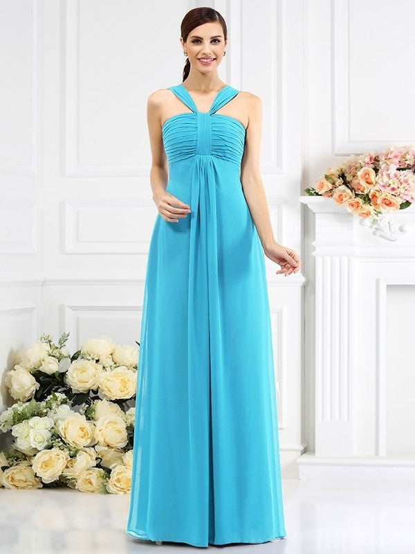 Straps Sleeveless Long A-Line/Princess Pleats Chiffon Bridesmaid Dresses