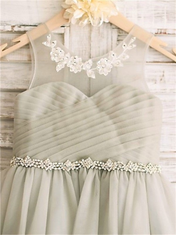 A-line/Princess Tulle Scoop Sleeveless Tea-Length Beading Flower Girl Dresses