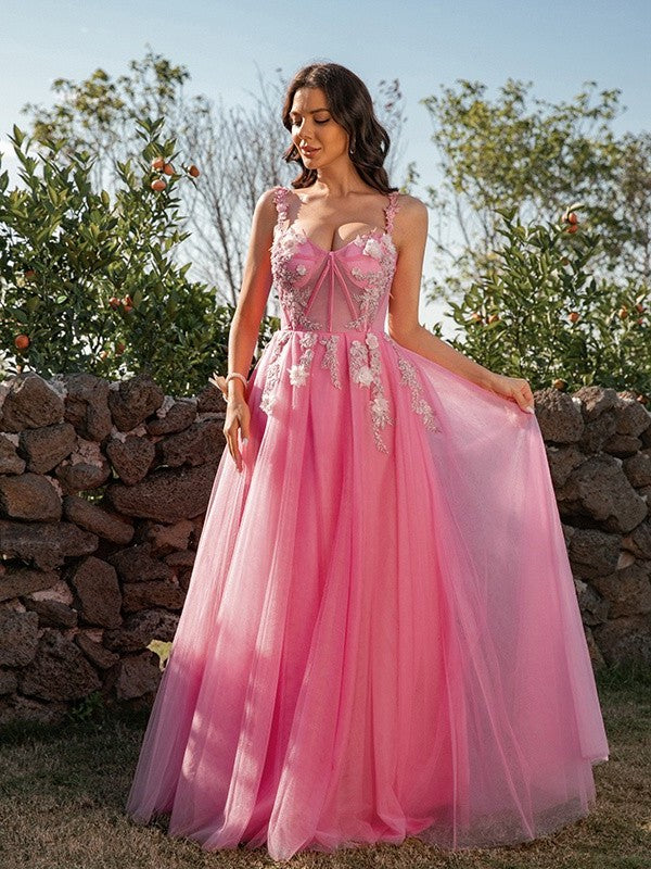 Tulle Straps Applique A-Line/Princess Sleeveless Floor-Length Dresses