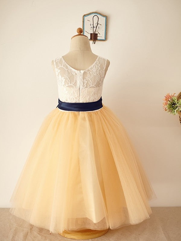 Tulle Floor-Length A-Line/Princess Sleeveless Lace Scoop Flower Girl Dresses