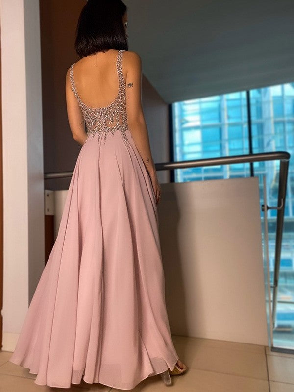 Chiffon Sleeveless A-Line/Princess V-neck Beading Floor-Length Dresses