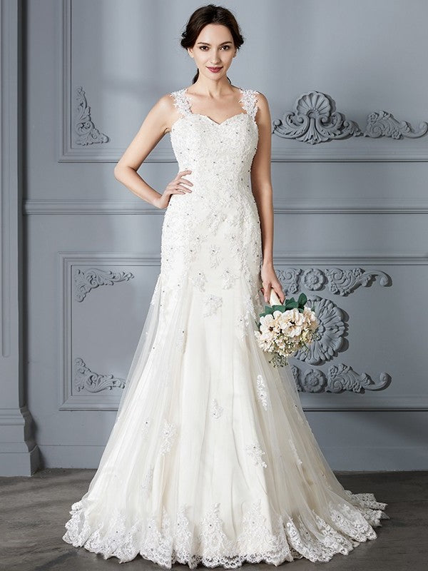 Sweetheart Lace Court Sleeveless Trumpet/Mermaid Train Wedding Dresses