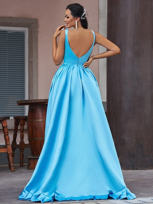 A-Line/Princess V-neck Satin Ruffles Sleeveless Asymmetrical Dresses