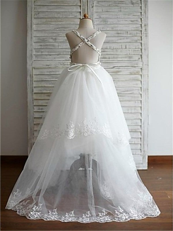 Train Sweep/Brush Tulle Straps Beading A-line/Princess Spaghetti Sleeveless Flower Girl Dresses