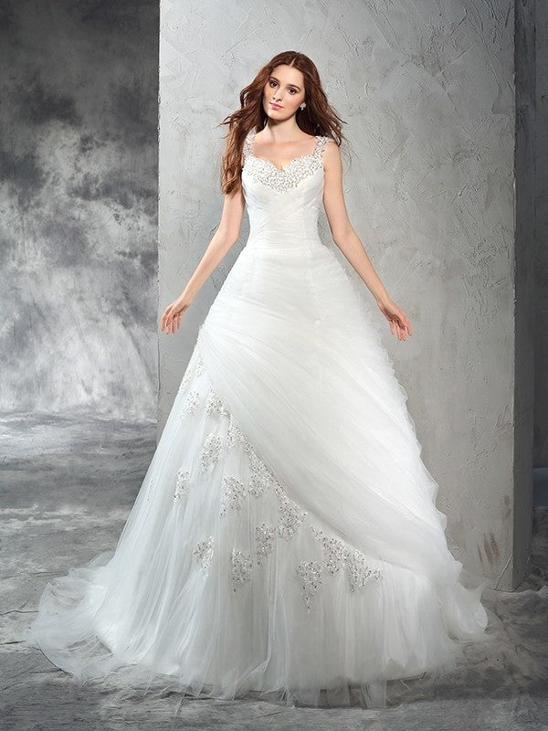 Straps Sleeveless Long Ball Gown Applique Net Wedding Dresses