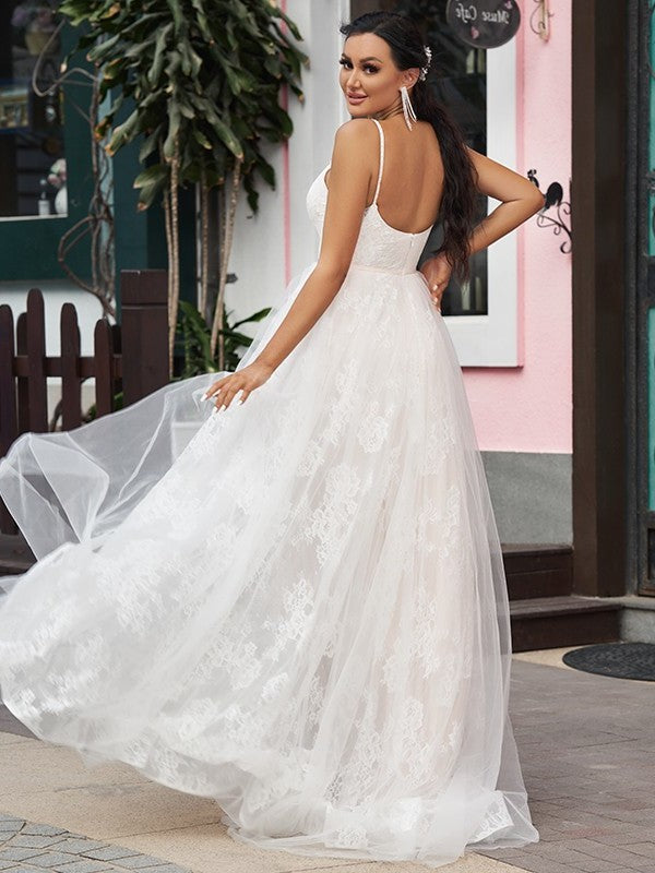 Straps Lace A-Line/Princess Sweep/Brush Sleeveless Ruffles Spaghetti Train Wedding Dresses