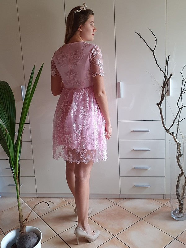 Neck Organza Short Sheer Applique Sleeves A-Line/Princess Short/Mini Homecoming Dresses