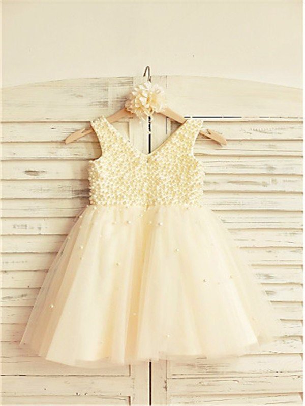 A-line/Princess Sleeveless V-neck Pearls Tea-Length Tulle Flower Girl Dresses