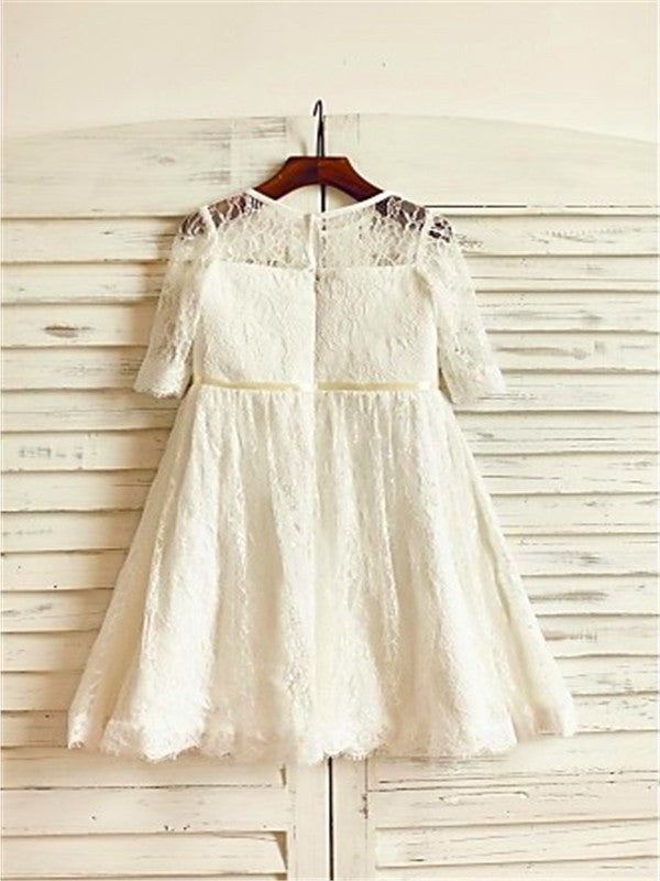 Lace Scoop A-line/Princess Ankle-Length Sleeves Hand-made 3/4 Flower Flower Girl Dresses