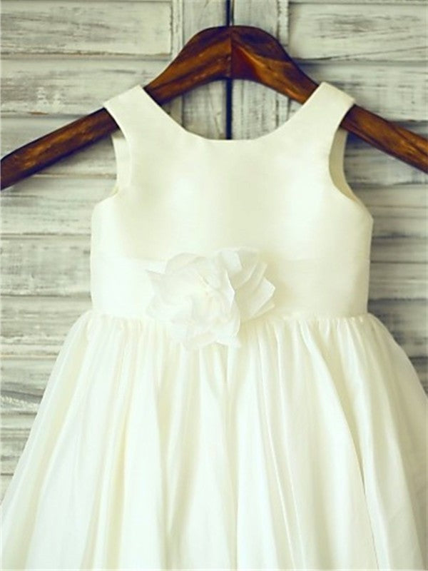 Hand-made Flower Tea-Length A-line/Princess Scoop Sleeveless Chiffon Flower Girl Dresses