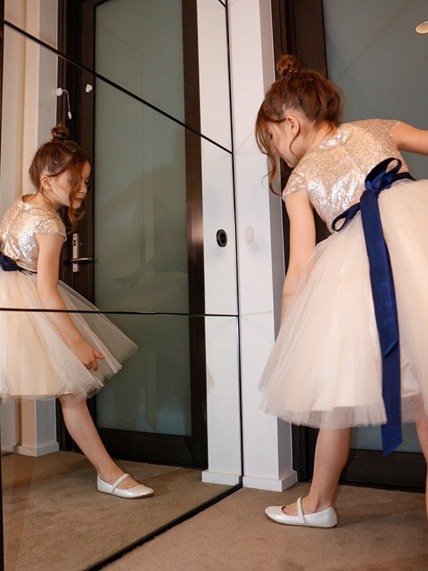 Short Sash/Ribbon/Belt Knee-Length Scoop A-Line/Princess Sleeves Tulle Flower Girl Dresses