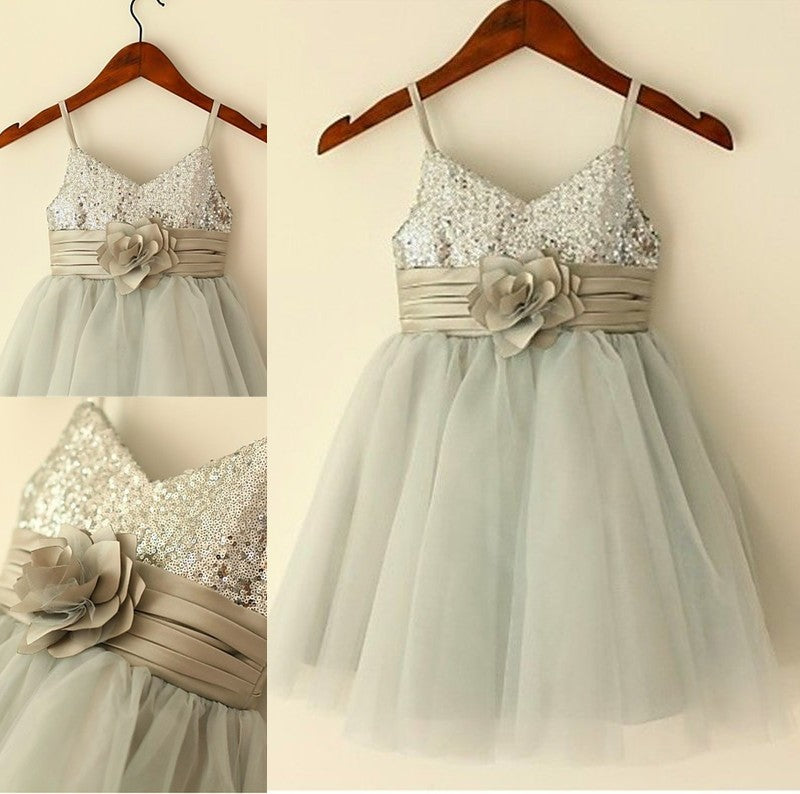 Tulle Tea-Length Straps Sequin A-line/Princess Sleeveless Spaghetti Flower Girl Dresses