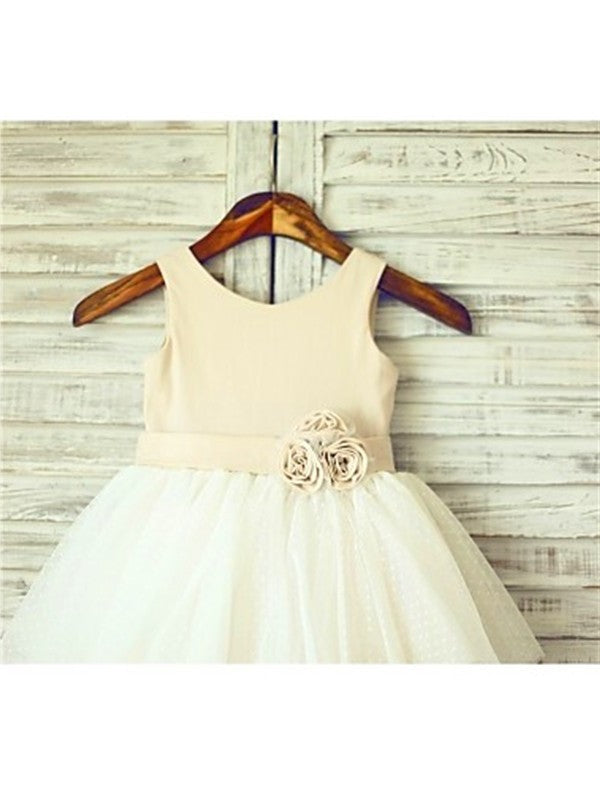 Straps Hand-made A-line/Princess Sleeveless Tea-Length Flower Tulle Flower Girl Dresses