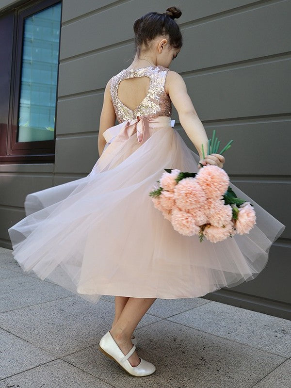 Sleeveless Tulle A-Line/Princess Scoop Bowknot Tea-Length Flower Girl Dresses