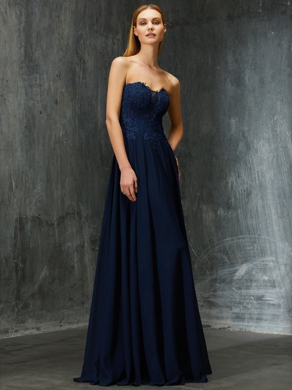 A-Line/Princess Sweetheart Sleeveless Floor-Length Applique Chiffon Dresses