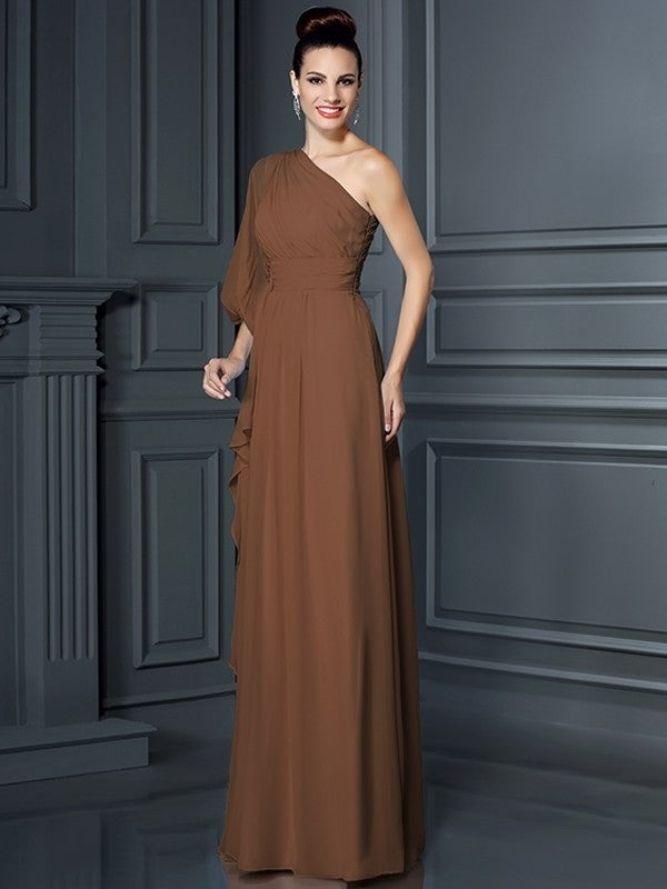 3/4 Sheath/Column Long One-Shoulder Sleeves Chiffon Bridesmaid Dresses