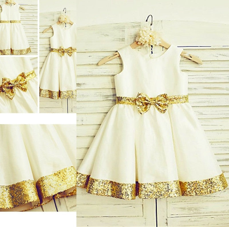 Scoop Sleeveless Sequin Satin Tea-Length A-line/Princess Flower Girl Dresses