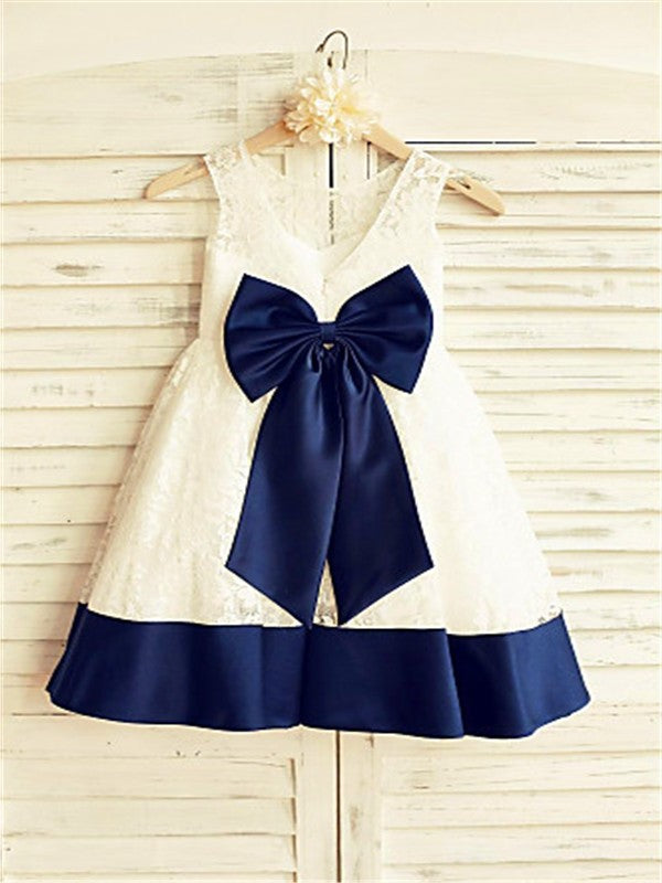 Lace Sleeveless Scoop Tea-Length Bowknot A-line/Princess Flower Girl Dresses