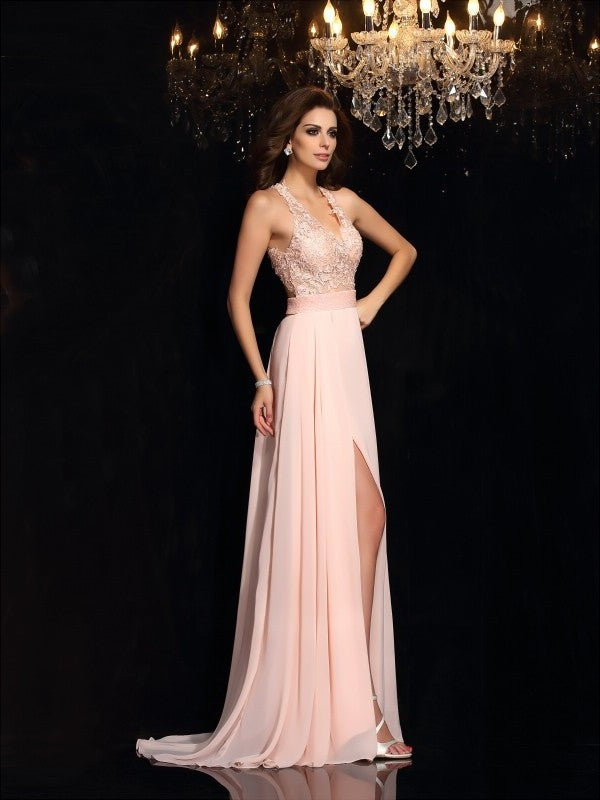 Lace A-Line/Princess Halter Sleeveless Long Chiffon Dresses