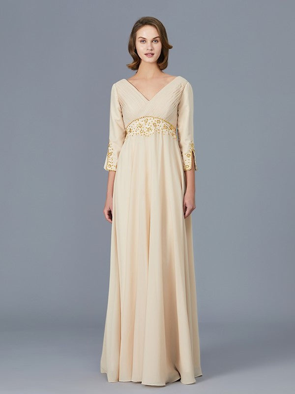 V-neck of Floor-Length A-Line/Princess Mother Chiffon Ruffles the Bride Dresses