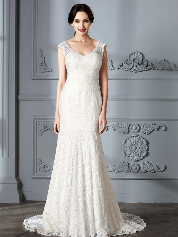 Lace V-Neck Sleeveless Sweep/Brush Trumpet/Mermaid Train Wedding Dresses