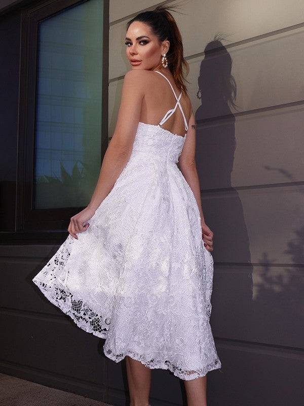 Sleeveless A-Line/Princess Sweetheart Lace Ruffles Asymmetrical Homecoming Dresses