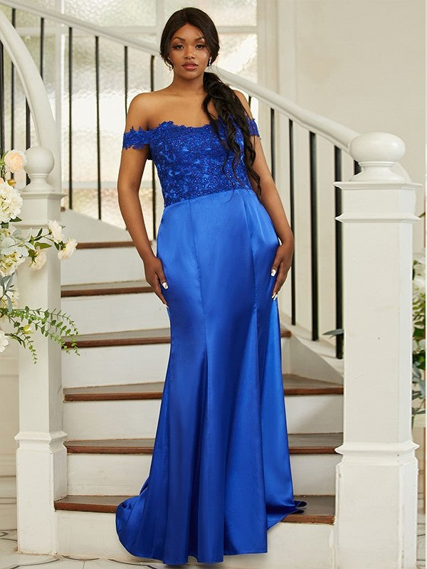 Sleeveless Off-the-Shoulder Silk Sheath/Column Applique like Sweep/Brush Satin Train Bridesmaid Dresses