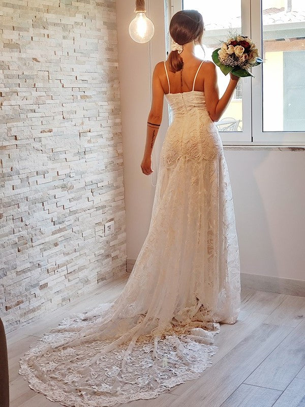 Lace Applique Sleeveless Sheath/Column Court Straps Spaghetti Train Wedding Dresses