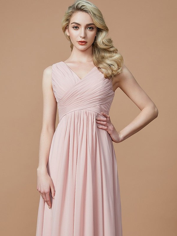 V-neck Ruched Floor-Length Sleeveless A-Line/Princess Chiffon Bridesmaid Dresses