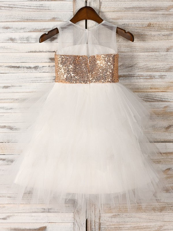 A-Line/Princess Tulle Tea-Length Sleeveless Paillette Scoop Flower Girl Dresses