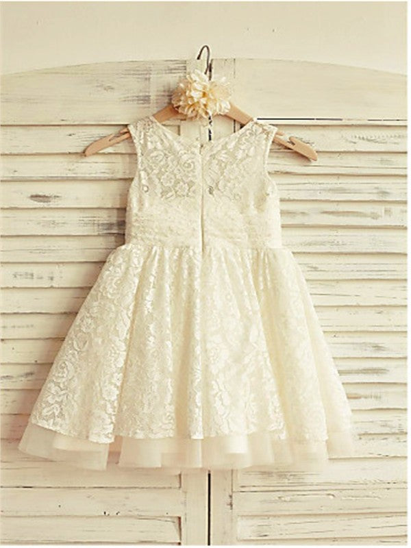 Tea-Length Lace Sleeveless A-line/Princess Scoop Ruffles Flower Girl Dresses